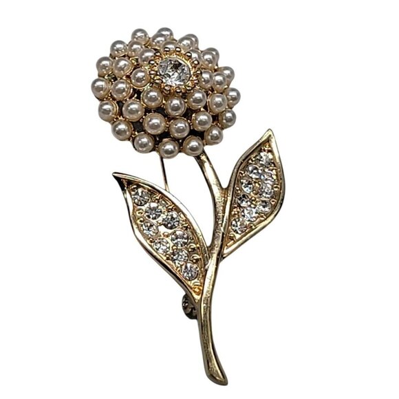 Faux Pearl Flower Brooch Rhinestones Gold Tone Vintage Pin Unmarked - Picture 1 of 9